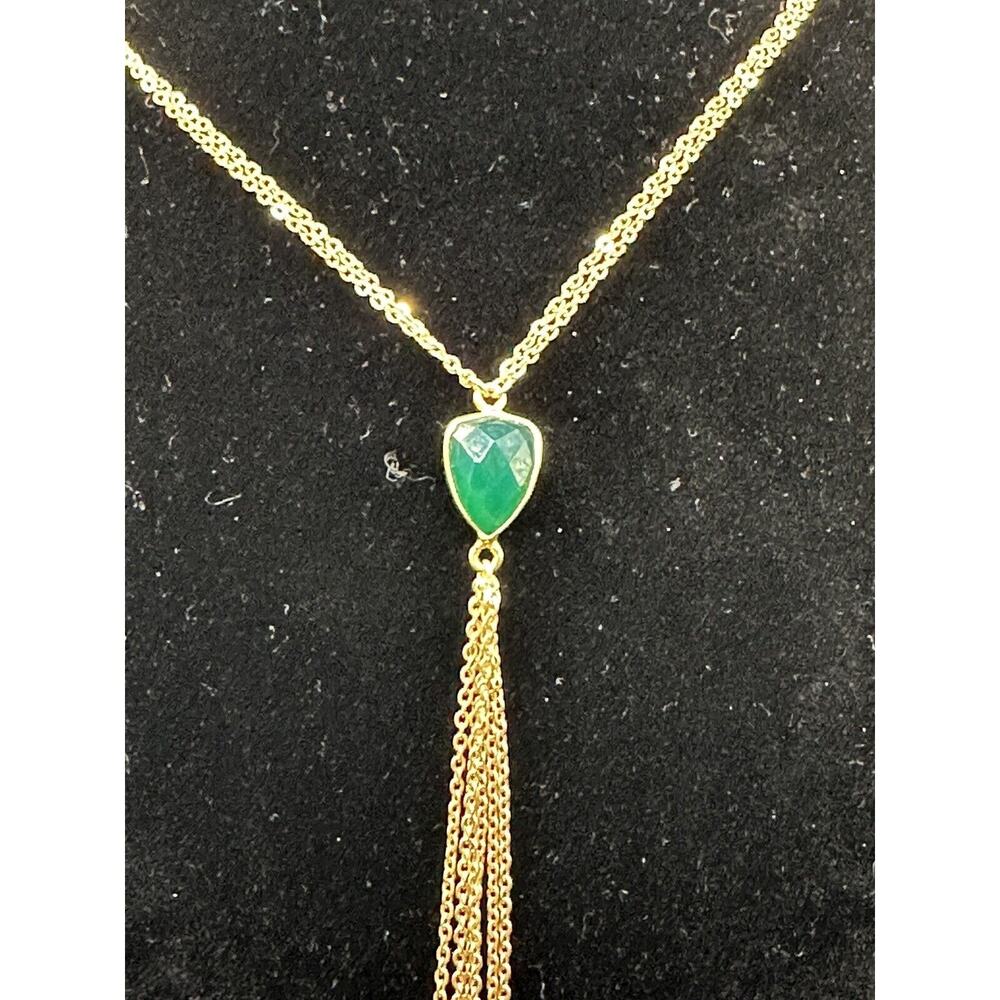 Sonya Renee 'Mindee' Semiprecious Green Onyx Stone Gold Tone Tassel Y-Necklace